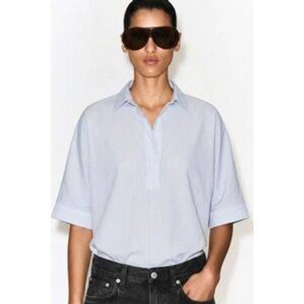 COS Women Blue White Grid Check Oversized Popover Shirt Boxy Top Size 4